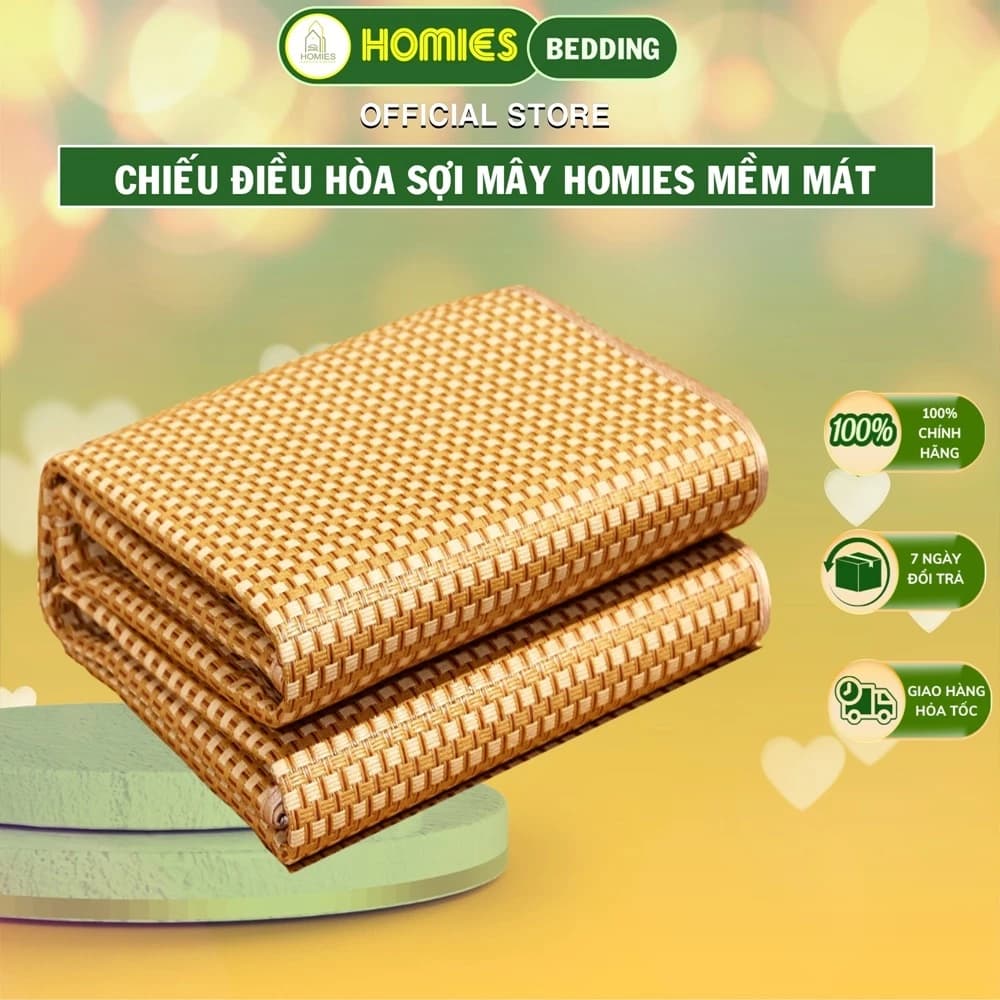 Chiếu Điều Hòa Sợi Mây Tự Nhiên HOMIES Bedding & Décor Viền Vải - Chất Liệu Thiên Nhiên Cao Cấp Mát Lạnh Mùa Hè