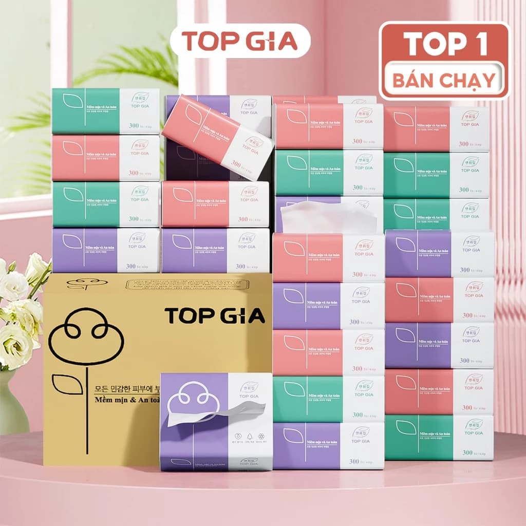 Thùng 30 gói giấy ăn gấu trúc rút 3 màu cao cấp Top Gia 4 lớp dày dặn, mềm mịn